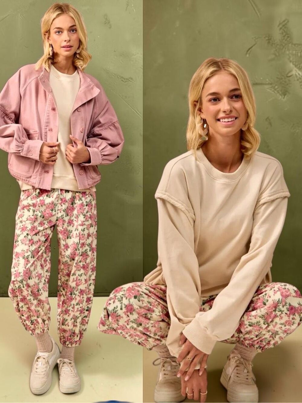 BiBi Floral Jogger Pants Pink Rose Drawstring Twill Elastic Waist Large NEW - Picture 10 of 12
